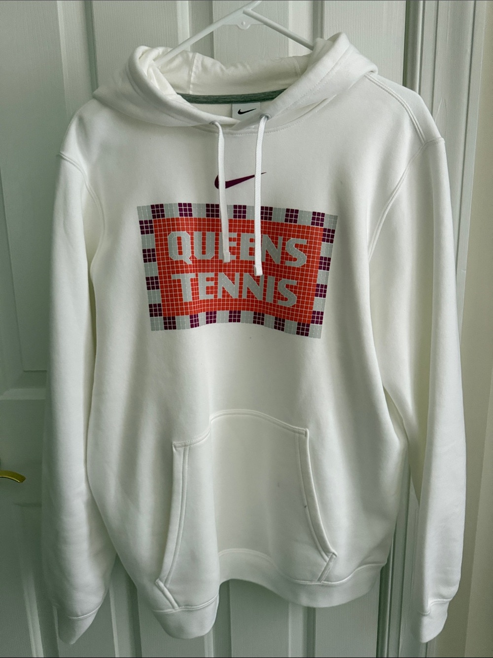 Nike White Hoodie with Orange & Maroon Queens Tennis Graphic